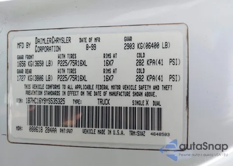 2000 Dodge Ram 1500 St z USA, uszkodzony, nr VIN 1B7HC16Y9YS535325